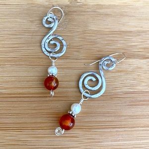 Aluminum Earrings Pearl and Carnealian Dangles